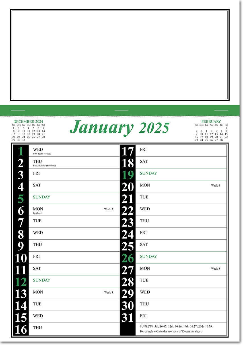 Green & Black Memo Postal Saver Calendar